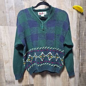 AJ Brandon Vintage Green Argyle Henley Knit Sweater Grandpacore Gorpcore Retro